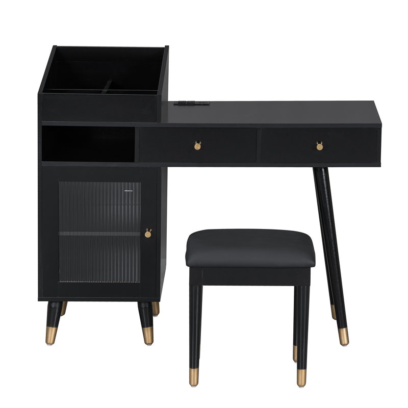 Ensemble de coiffeuse moderne avec tiroirs, armoire et port de charge, ensemble de coiffeuse avec tabouret pour petits espaces, noir