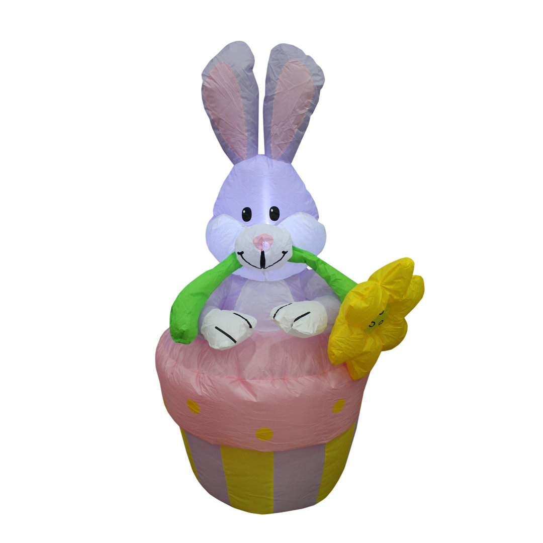 4 Foot Tall Happy Easter Lighted Inflatable Bunny Rabbit Sitting in Flowerpot with Flower Indoor / Outdoor Blow Up Yard Decoration The Holiday Aisle®
