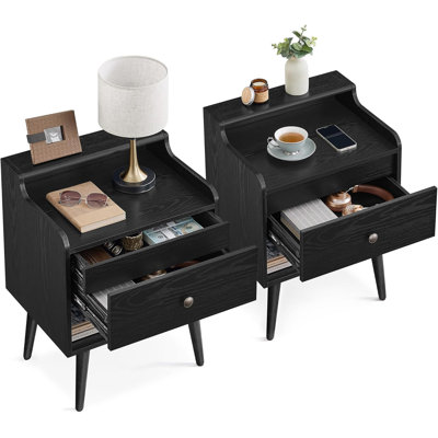 Mid-Century Modern Nightstand Set With Hidden Drawers, Solid Wood Legs, And Ample Storage For Bedroom Or Living Room