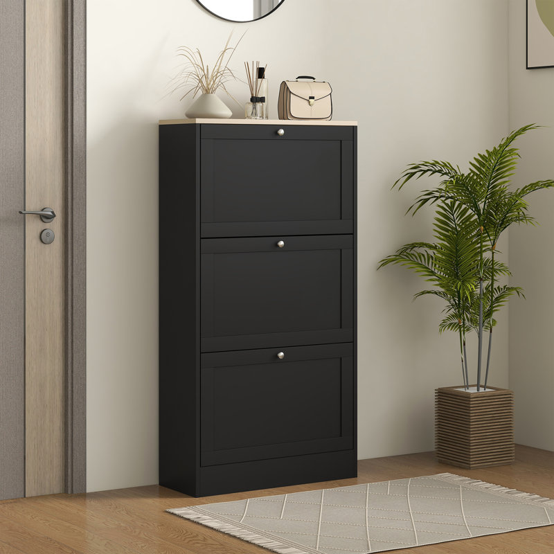 Placard à chaussures étroit, 3 tiroirs rabattables, tablettes réglables pour 18 paires, bac de rangement noir, tablettes, rangement noir, rangement essentiel pour le vestibule