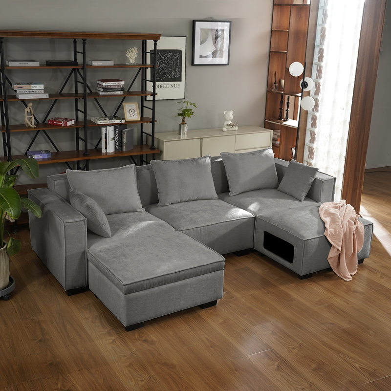 108.7" Modular Sectional Cloud Sofa Set, Extra Large U Shaped Couch with Storage & Cathole Ottoman, Gray