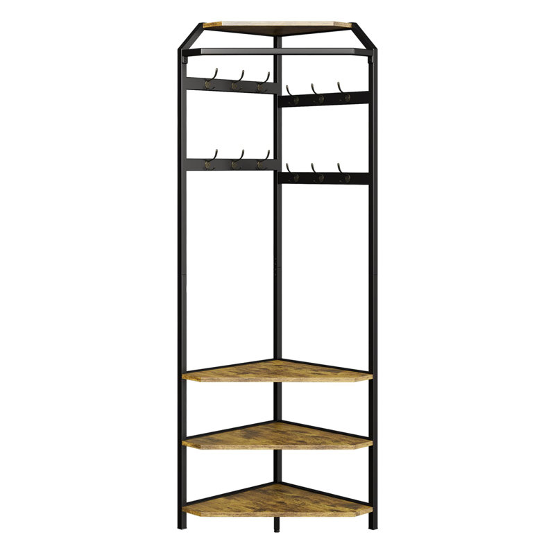 Corner Coat Rack With Shoe Bench and 6 Double Hooks, Corner Hall Tree - Clothes Rack With Storage Hall Tree With Organizer Shelf for Entryway, Hallway, Closet
