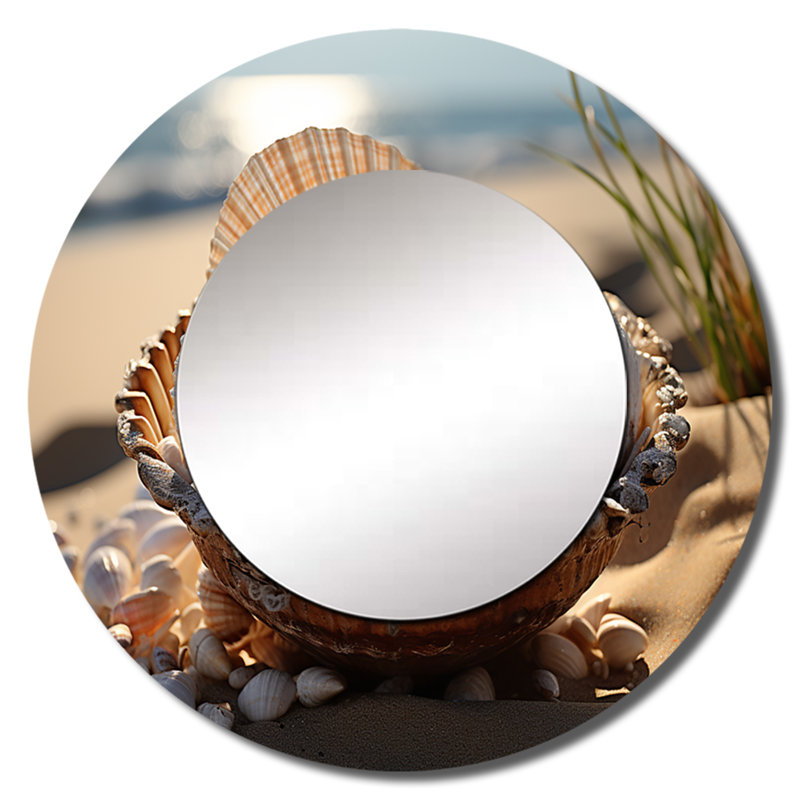 Plage photo coquillage Sonata I - miroir mural bord de mer, miroir décoratif rond beige, impression d'art en métal