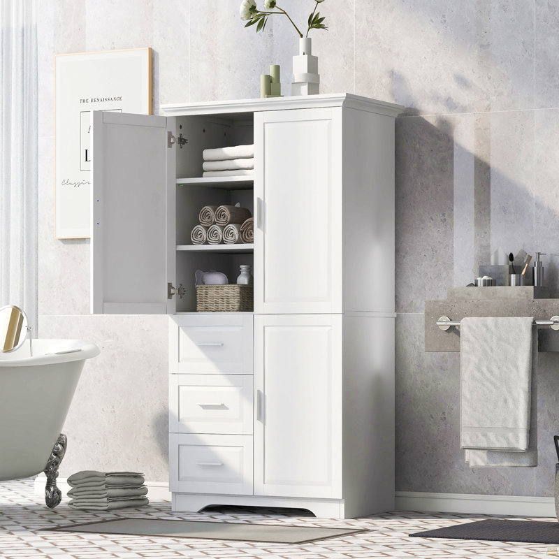 Armoire de rangement haute et large avec portes pour salle de bain / bureau, trois tiroirs, blanc, White