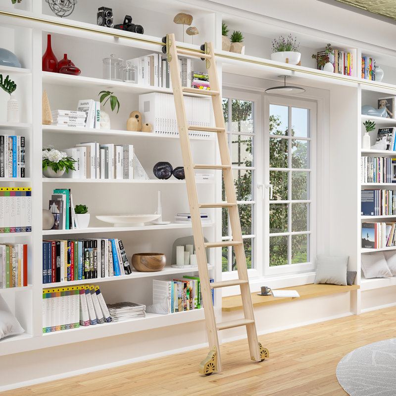 Maple 8.06' 7-Step Wood Rolling Sunburst Wheel Ladder, Brushed Satin Brass