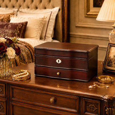 11.7 In. Brown Wooden Jewelry Box With Mirror, Lockable Multi-layer Jewelry Organizer With Velvet Lining And Drawer Storage