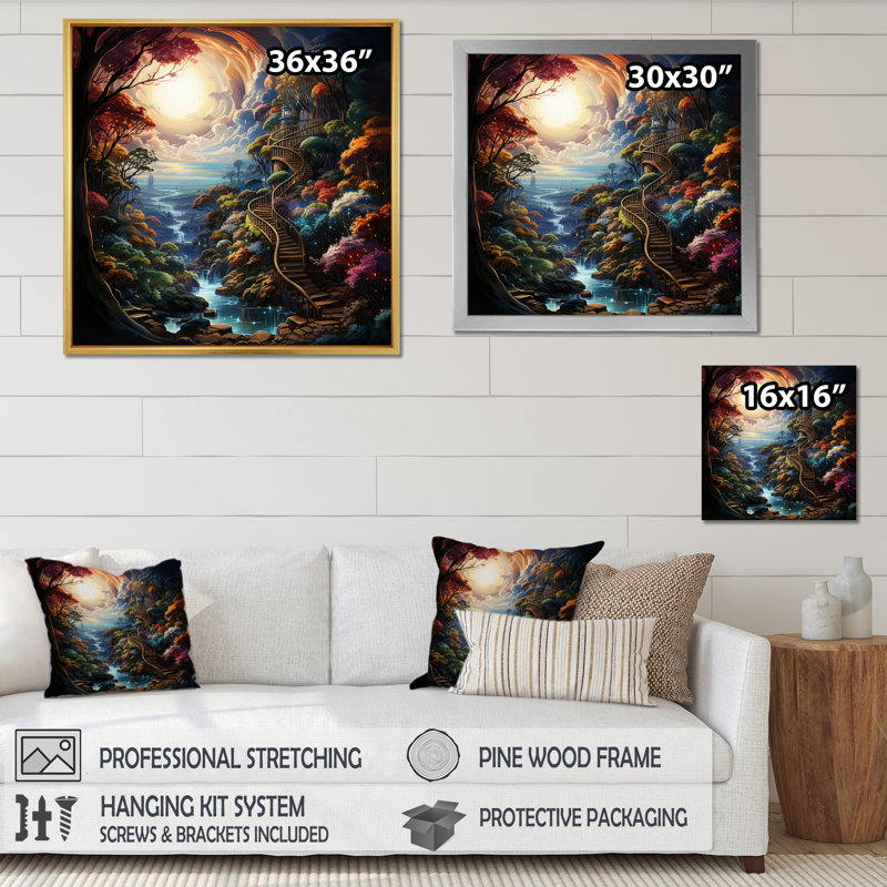 «Full Moon Magic Mythical Dreamscapes» sur toile, Cadre flottant brun, H 16 po x l 16 po x P 1 po