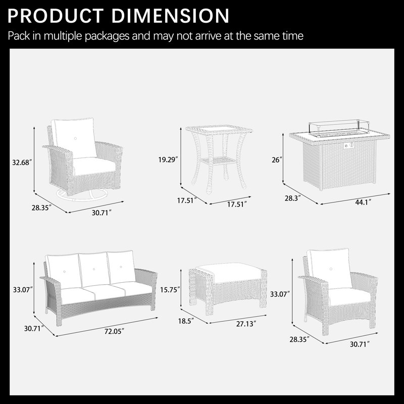 10 Piece Wicker Patio Furniture Set With Fire Pit Table, Classis Outdoor Conversation 360 Degree Swivel Chairs Set With Coffee Table