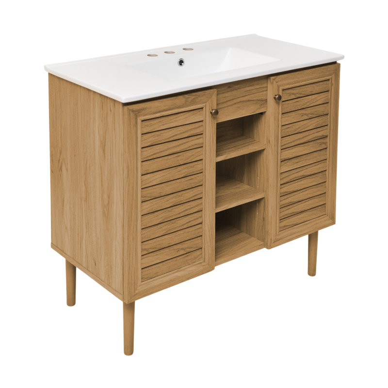 Meuble-lavabo autoportant 36 po Bron, Blanc, Chêne doré, 8 po