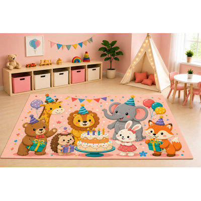 "Ultra Lightweight" 5' x 7' Animal Birthday Party Area Rug for Kids Playroom Nursery Bedroom, Bear Lion Elephant Fox Bunny Birthday Cake Balloons Cartoon Decor, Non-Slip Silicone Backing Low Pile