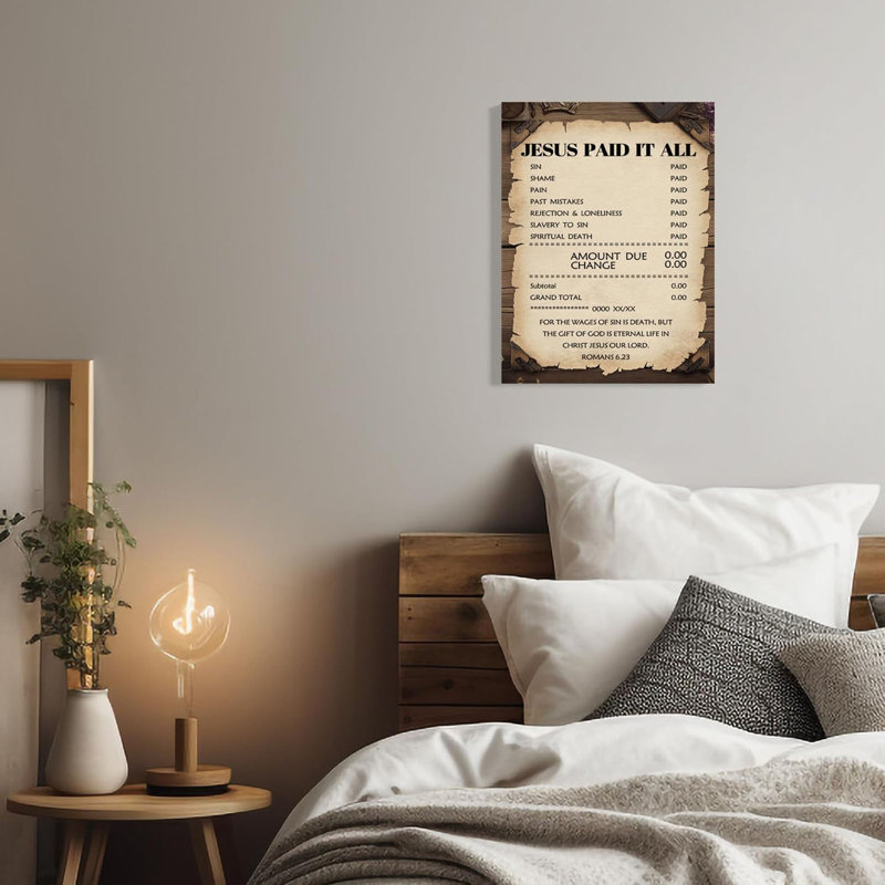 «Jesus Paid It All», impression murale sur toile, impression de motif de reçu pour salon, chambre à coucher ou affiche à la maison, encadrée 16 * 24 po