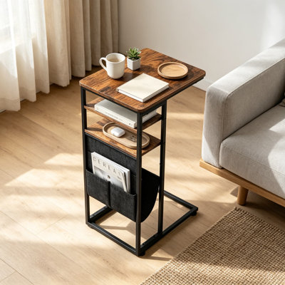 Table de bout en forme de C de 28 pouces de haut avec tablettes et sac de rangement, table sous le canapé à 3 niveaux pour le salon, la chambre à coucher, le bureau, la table d'appoint pour canapé, lit ou chaise