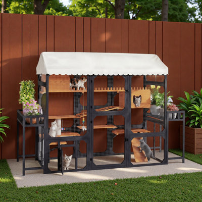 Large Outdoor Cat Enclosure With 2 Plant Stands, Weather-Resistant Roof, Resting Box, Climbing Ramps And Wire Mesh