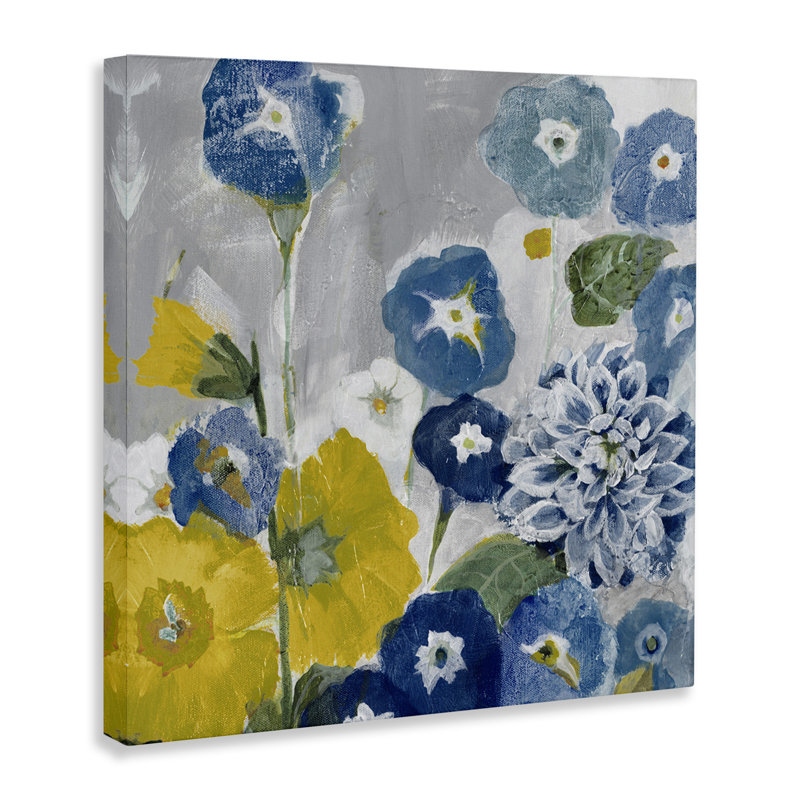 Au-802 - Toile, coquelicots abstraits bleus et jaunes sur toile par Jill Martin, peinture, H 17 po x l 17 po x P 1,5 po