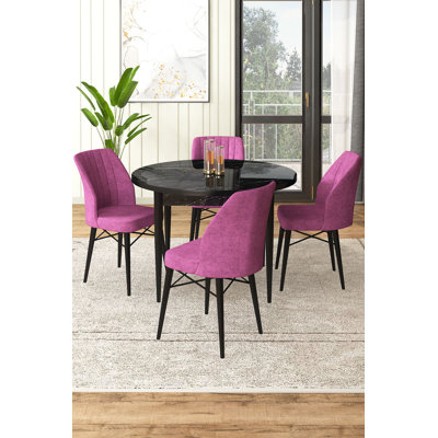 Modern 5-Piece Dining Table & Chairs Set, Black Marble & Purple | 100% Melamine Coated Chipboard & Metal Frame | Table: 35.4 x 29.5 x 35.4 inches | Chairs: 17.7 x 36.6 x 16.5 inches | Comfortable 22 DNS Foam Back & 28 DNS Foam Seat