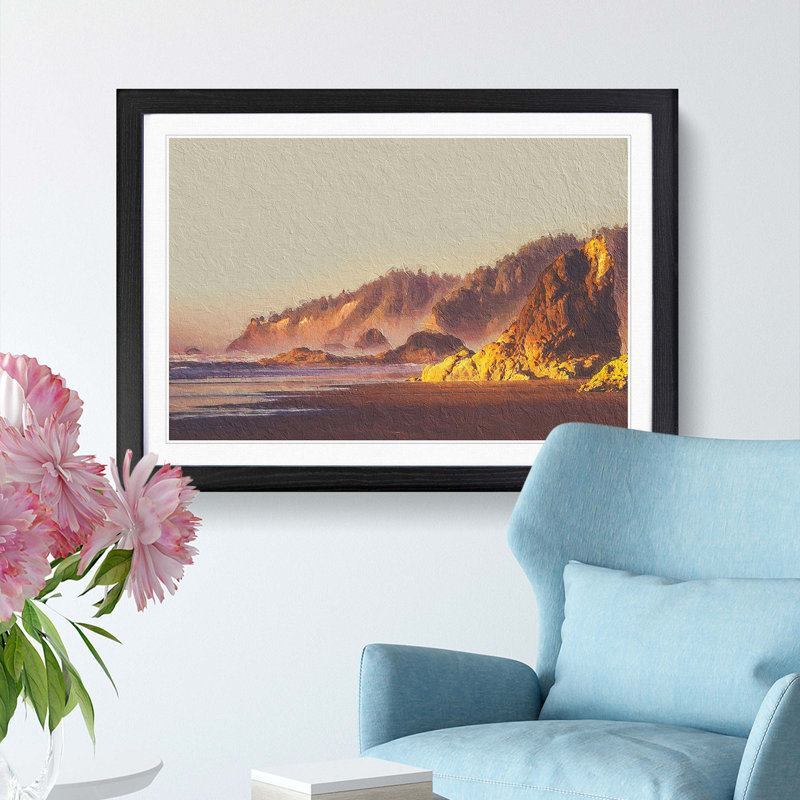 Oregon Beach at Sunset - Framed Print, 36cm H x 48cm W x 2cm D, Black Framed