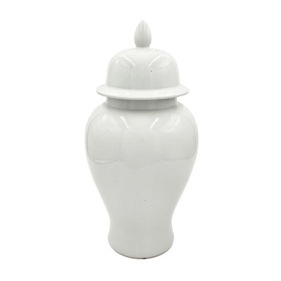Ginger Jar With Domed Lid And Finial, Tapered Body, White Porcelain 20 Inch