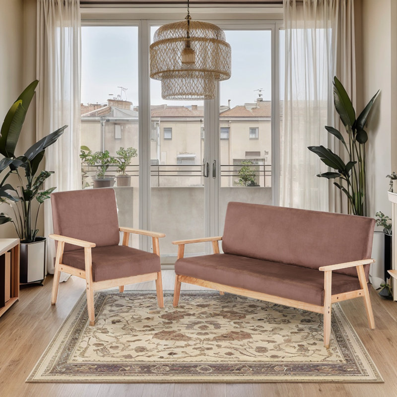 Canapé 60 po en velours et fauteuil d'appoint pour salon, ensemble de fauteuils relaxant de style Mid-Century avec structure en bois massif et coussin moelleux