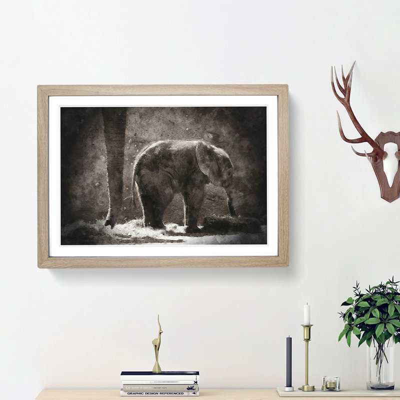 Mother and Baby Elephant Together - Picture Frame Painting Print, 33cm H x 45cm W x 2cm D, Oak Framed
