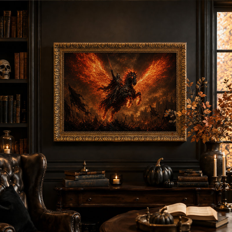Tableau sur toile représentant un chevalier squelette sur un cheval de feu dominant une ville en flammes, idéal pour l'Halloween