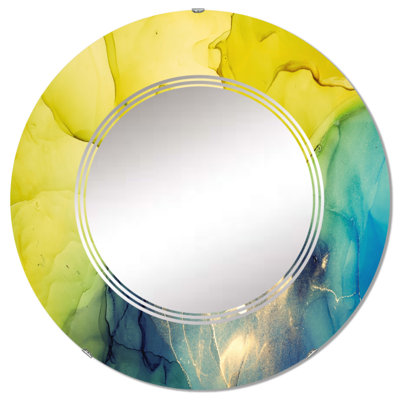 Jaune et bleu Marble Waves II - Miroir mural moderne