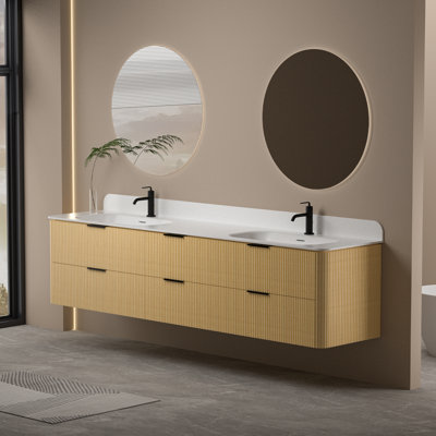 Meuble-lavabo flottant 84 po avec lavabo en acrylique intégré, meuble-lavabo mural finition chêne chaud et tiroirs à fermeture en douceur