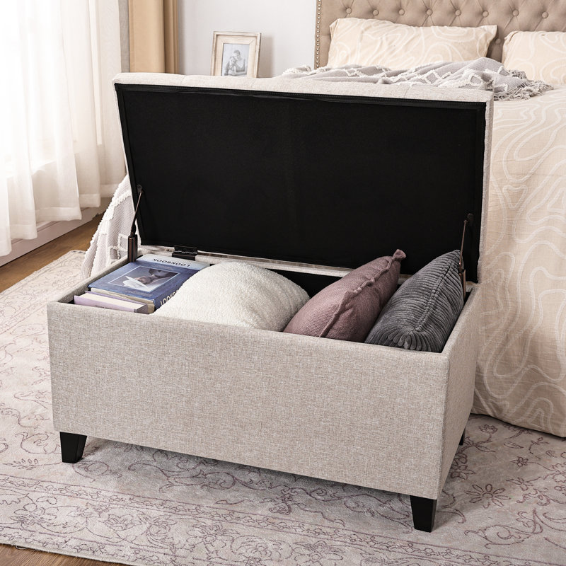 33 Inches Upholstered Storage Ottoman Bench, Beige Gray