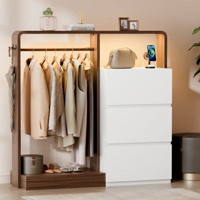 Dresser With Led Lighting & Charging Station + Clothes Rack Combo, 3-Drawer Closet Organizer With Hanging Rod & Side Hooks – Perfect For Bedroom, Entr by Wrought Studio