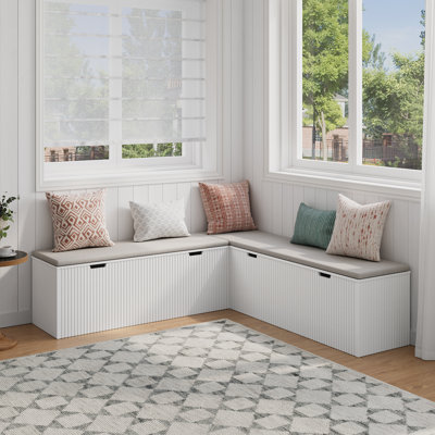 L-Shaped Storage Bench With Cushion- Modern Corner Breakfast Nook Bench For Kitchen, Entryway- White