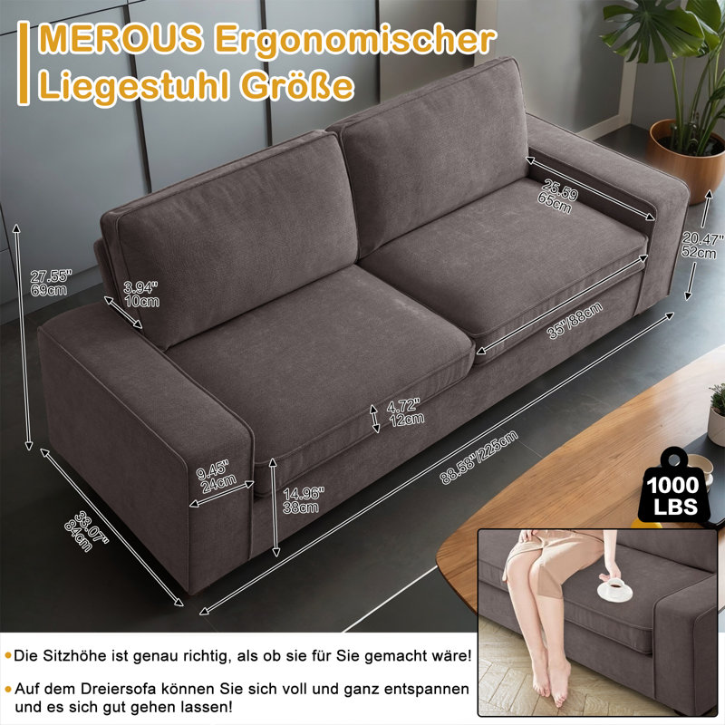 Canapé 88 places 3 places avec dossier lavable et coussins pour le salon, Brun