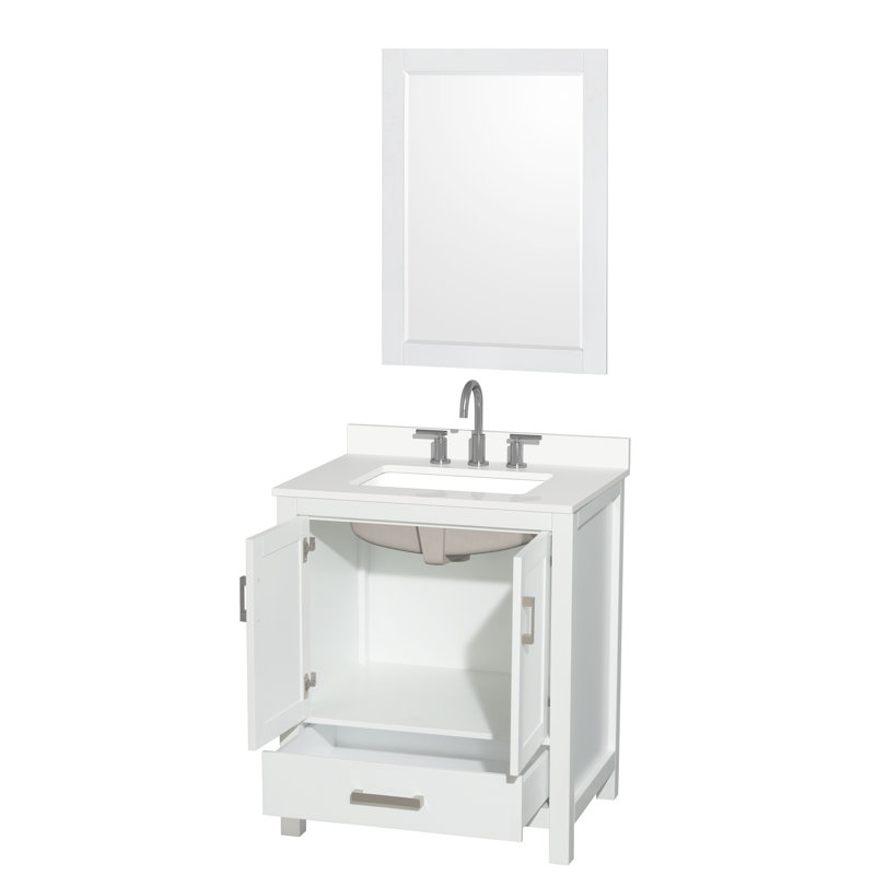 Ensemble de meuble-lavabo simple autoportant 30 po avec plateau en quartz Sheffield et miroir 24 po, Quartz blanc, Blanc