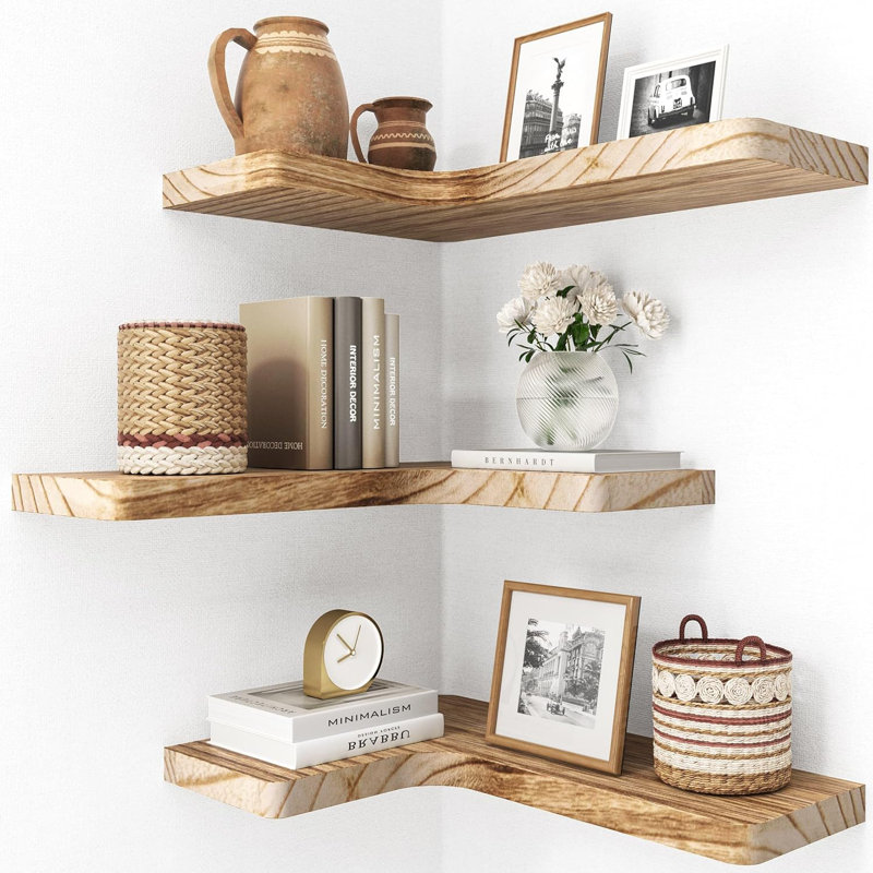Floating Corner Shelves Set Of 3, Solid Wood Wall Mounted Display Shelves For Bathroom Bedroom Kitchen, Invisible Bracket, Space Saving Storage Solution