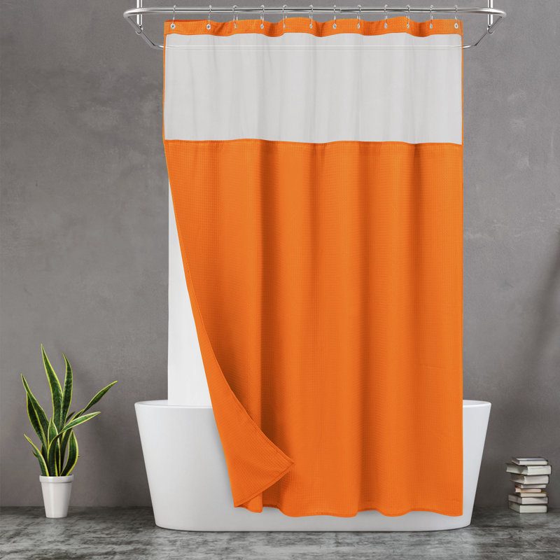 Orange Waffle Weave Shower Curtain with Liner and Hooks