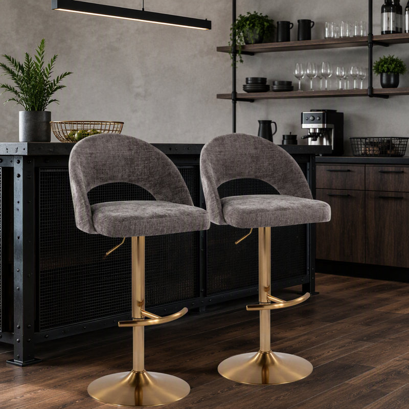Tabouret de bar réglable pivotant en métal doré et tissu gris foncé avec repose-pieds rond en T - ensemble de 2
