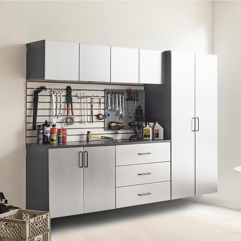 Series 96 In. W X 79 H 20 D 6 Garage Cabinet B, With Metallic Gray Finish, Drawers And Doors That Feature Water Heat Resistance, 2x Thicker Edge Banding, Shelf Provision, Heavy-duty Double Bracket