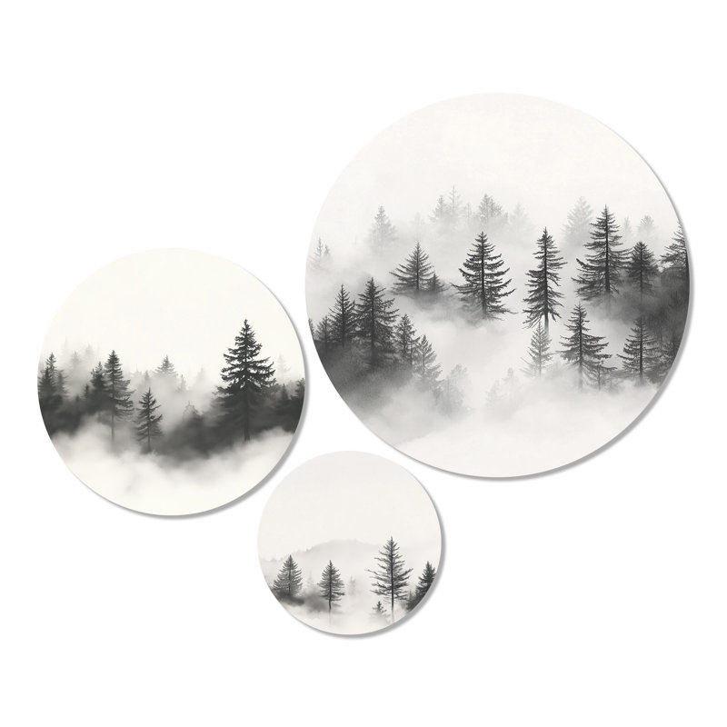 Art mural monochrome forêt - pins brumeux gris et blanc - forêt, art mural en métal 3 pièces