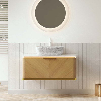 Meuble-lavabo de salle de bain, meuble de rangement flottant en contreplaqué, tiroir en sergé avec poignée et capteur de lumière, vasque en céramique à motif marbré et plateau en pierre frittée, pré-assemblé