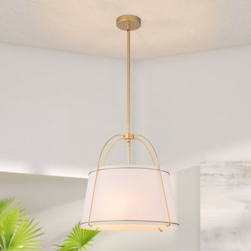 Bertan 3 - Light Dimmable Large Drum Pendant Chandelier With Fabric Shade, Gold