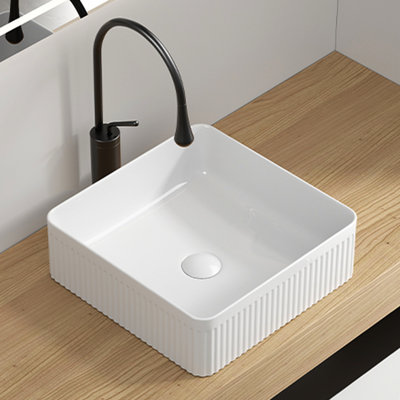 15 Inch Rectangular Porcelain Ceramic Bathroom Vessel Sink, Striped Design, Visual Interest In Non - Staining Surface White 15" X 15", Contemporary Style Refresh, Construction
