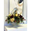 Delphinium, Roses And Hydrangea Arrangement In Gray Stone Planter