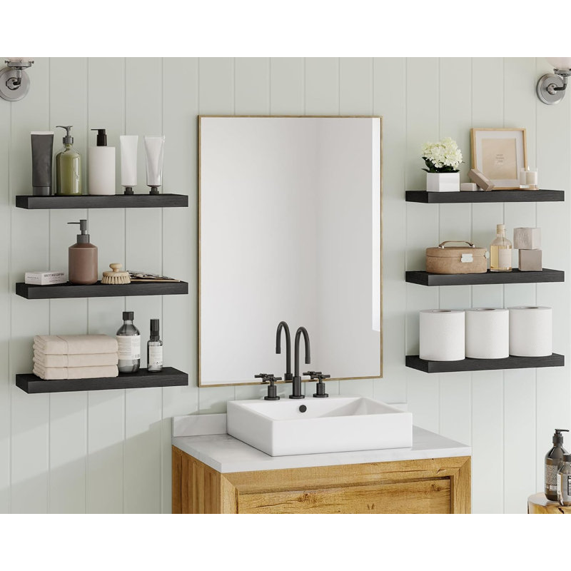 Set Of 6 Floating Shelves For Wall Mounting, Rustic Wood Grain Finish MDF Shelves With Hidden Brackets, Sturdy Storage Solution For Bathroom, Bedroom, Living Room, Kitchen And Home Decor