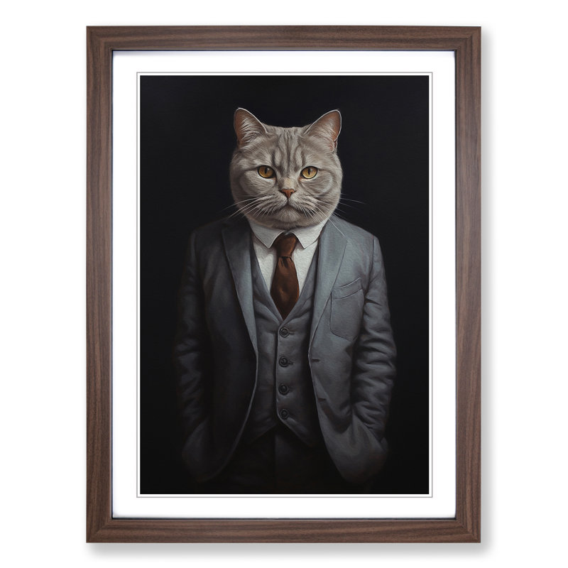 British Shorthair Cat in a Suit Painting No.2 - Framed Print, 64cm H x 46cm W x 2cm D, Walnut Framed