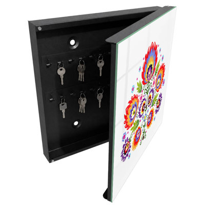Key box for home, Opens to the right, 30x30x5, White, Floral motifs full of color in a folk style, 