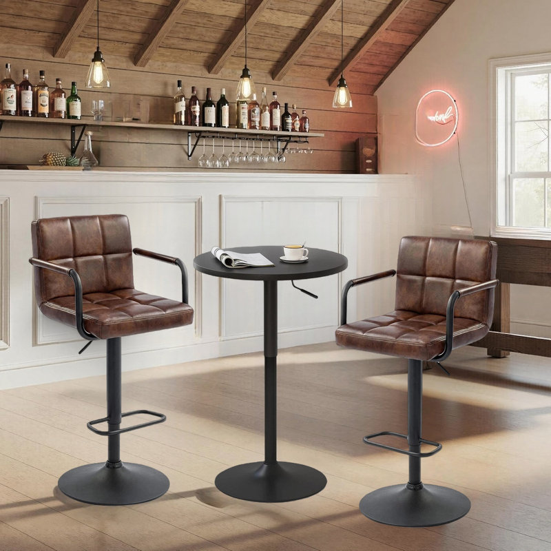 3 Piece Height-adjustable Pub Table And  Bar Stool Dining Set, Dark Brown/Black