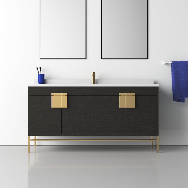 Maisie 60'' Single Bathroom Vanity with Sintered Stone Top, Satin Brass, Black Oak Straight Grain