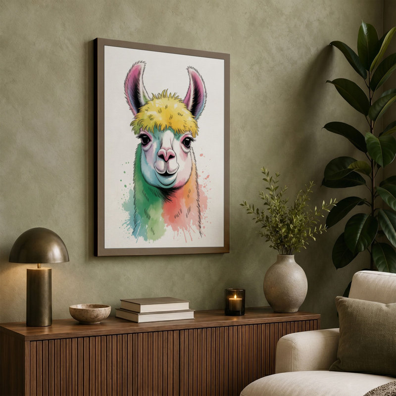 Whimsical Llama Portrait Modern - Wrapped Canvas, 24x16 - 61.0 x 40.6 cm, Black Border