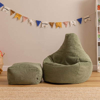 Bean Bag Bazaar Kids Dalton Corduroy Recliner Bean Bag and Square Footstool