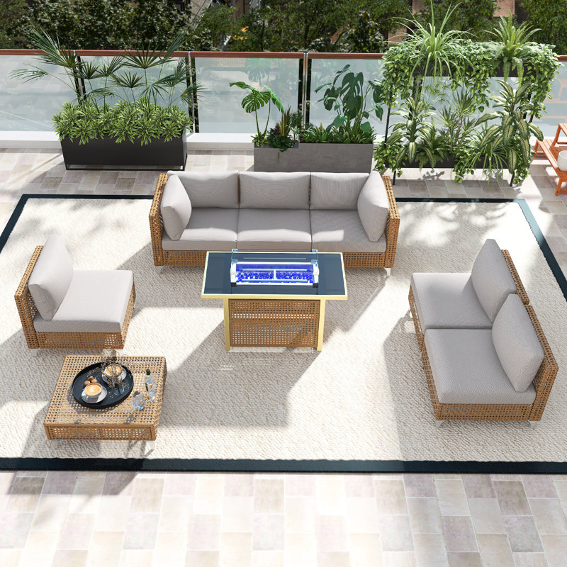 Ensemble de conversation modulaire d'extérieur 8 pièces, ensemble de mobilier de patio avec table de foyer 43 po, table basse, coussin amovible, facile à installer