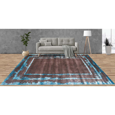 Tapis brun / bleu sarcelle / blanc de haute qualité noué à la main