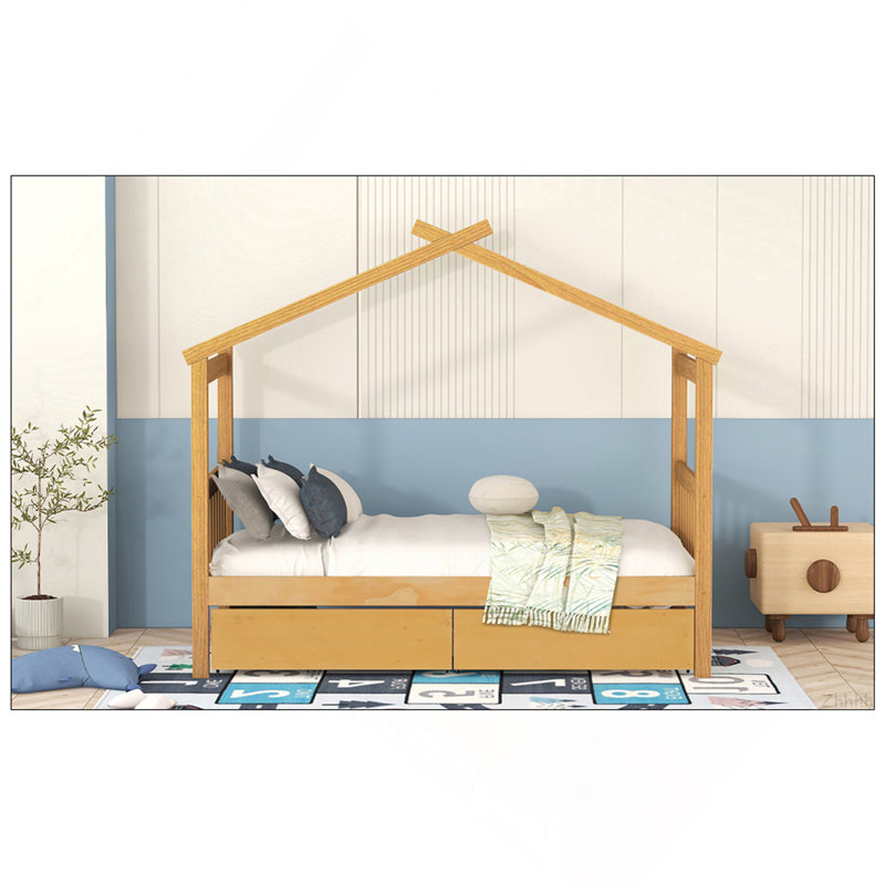 Lit simple en bois avec tiroirs, naturel, Natural